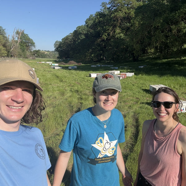 Three people standing in a field with trees and beehives in the background